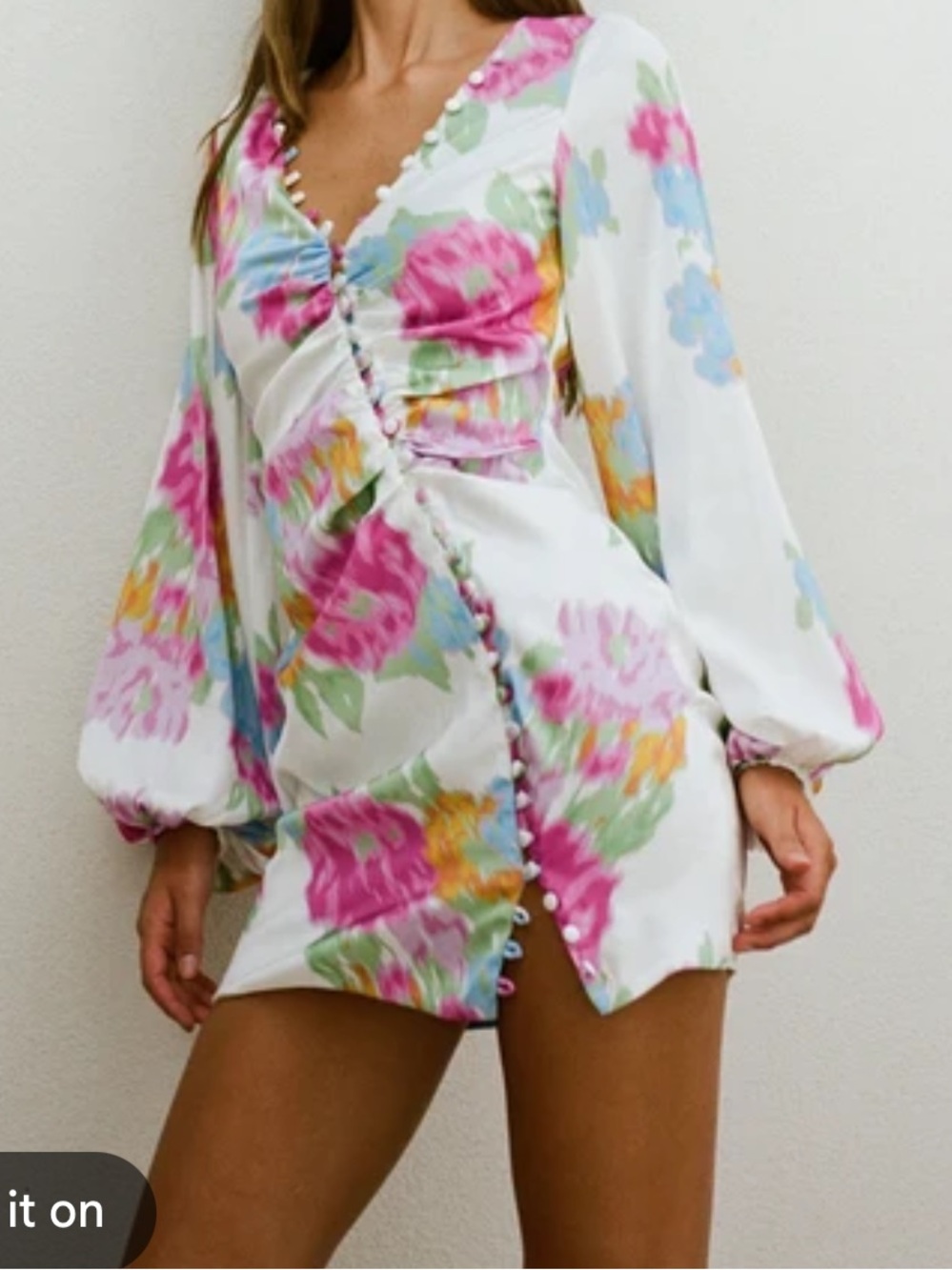 Floral Button-Front White Mini Dress with Pink & Blue Blooms